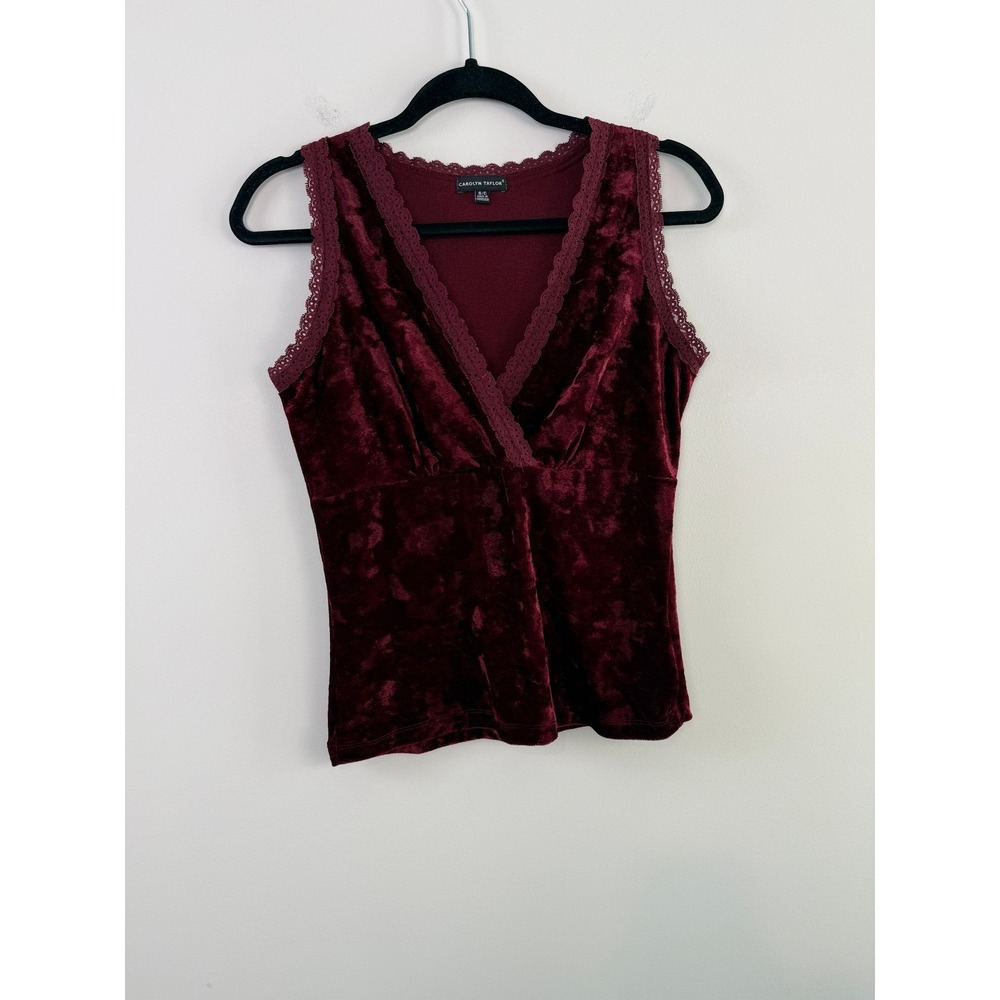 90s Vintage Burgundy Velvet Surplice Tank Lace Trim Coquette Whimsgoth Small